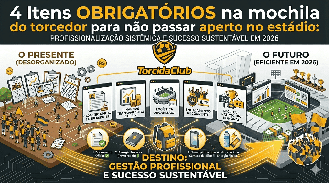 A imagem destaca uma mochila central conectada a quatro ícones: 1. Documento Oficial, 2. Powerbank, 3. Smartphone de Elite e 4. Hidratação/Energia. Ao fundo, a transição entre a gestão desorganizada e o estádio moderno de alta performance.