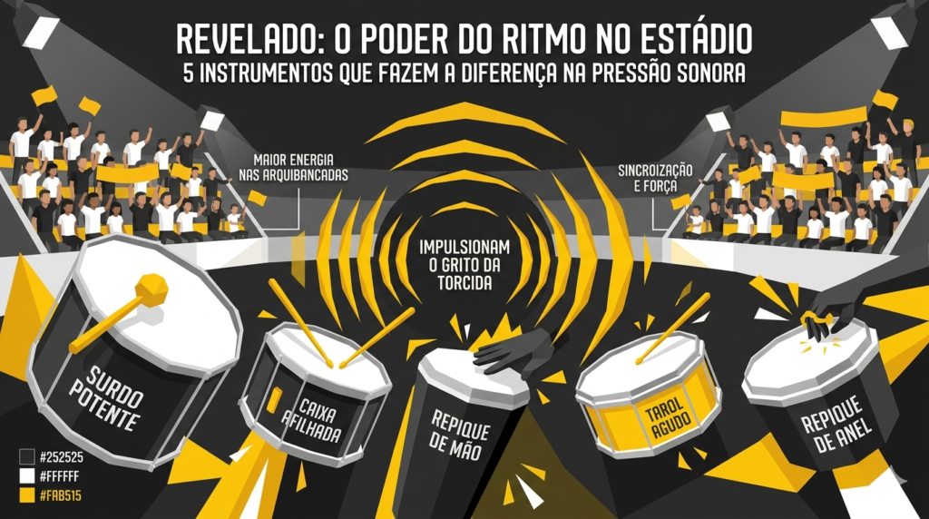 Ilustração Low Poly (preto, branco, amarelo) mostrando o poder do ritmo no estádio com o equilíbrio do lucro entre o apoio de torcedores e estratégias de monetização para torcidas organizadas do Brasil, como venda de produtos e sócio-torcedor, focando nas batidas de percussão.