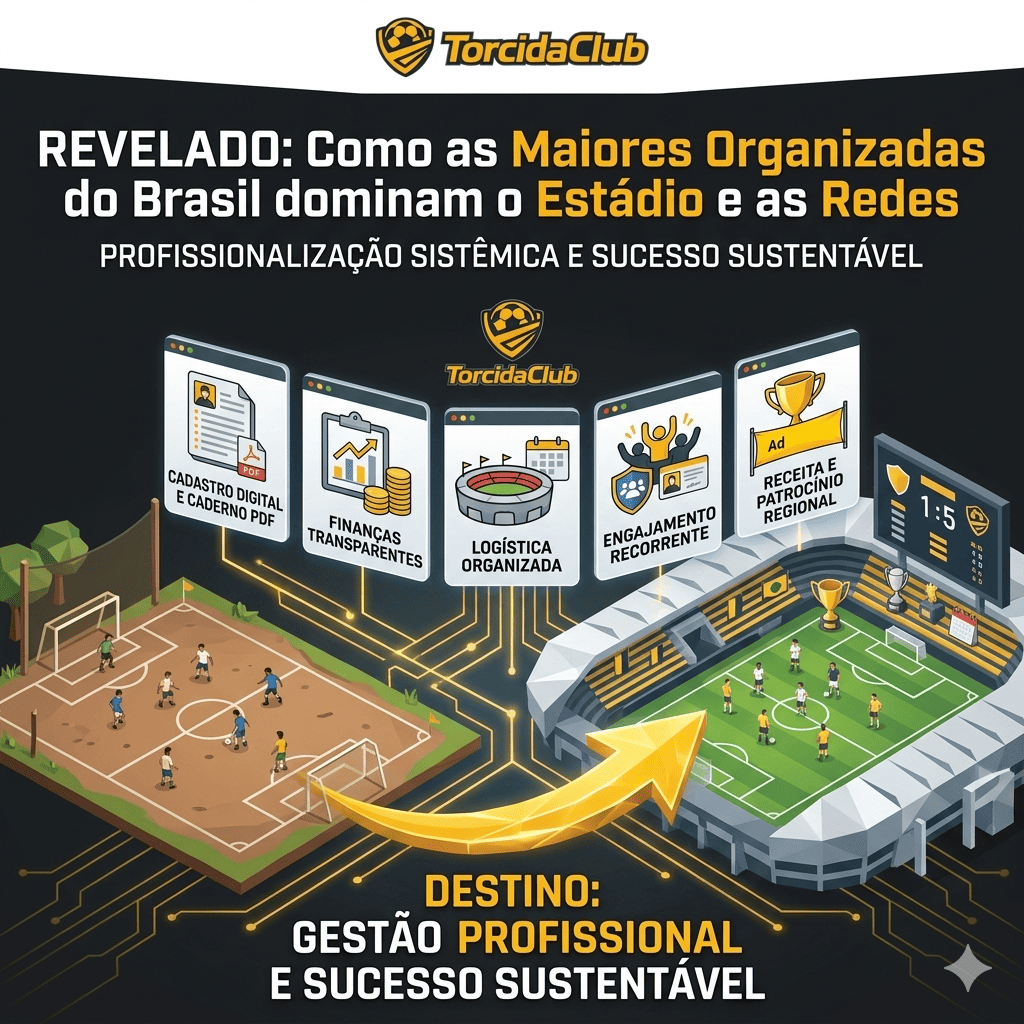 Infográfico Low Poly com a logomarca do TorcidaClub. O título principal é 'REVELADO: Como as Maiores Organizadas do Brasil dominam o Estádio e as Redes'. A imagem mostra a transição de um campo amador para um estádio moderno através de módulos de Cadastro Digital, Finanças, Logística, Engajamento e Receita, com as cores preto, cinza e amarelo (#FAB515).