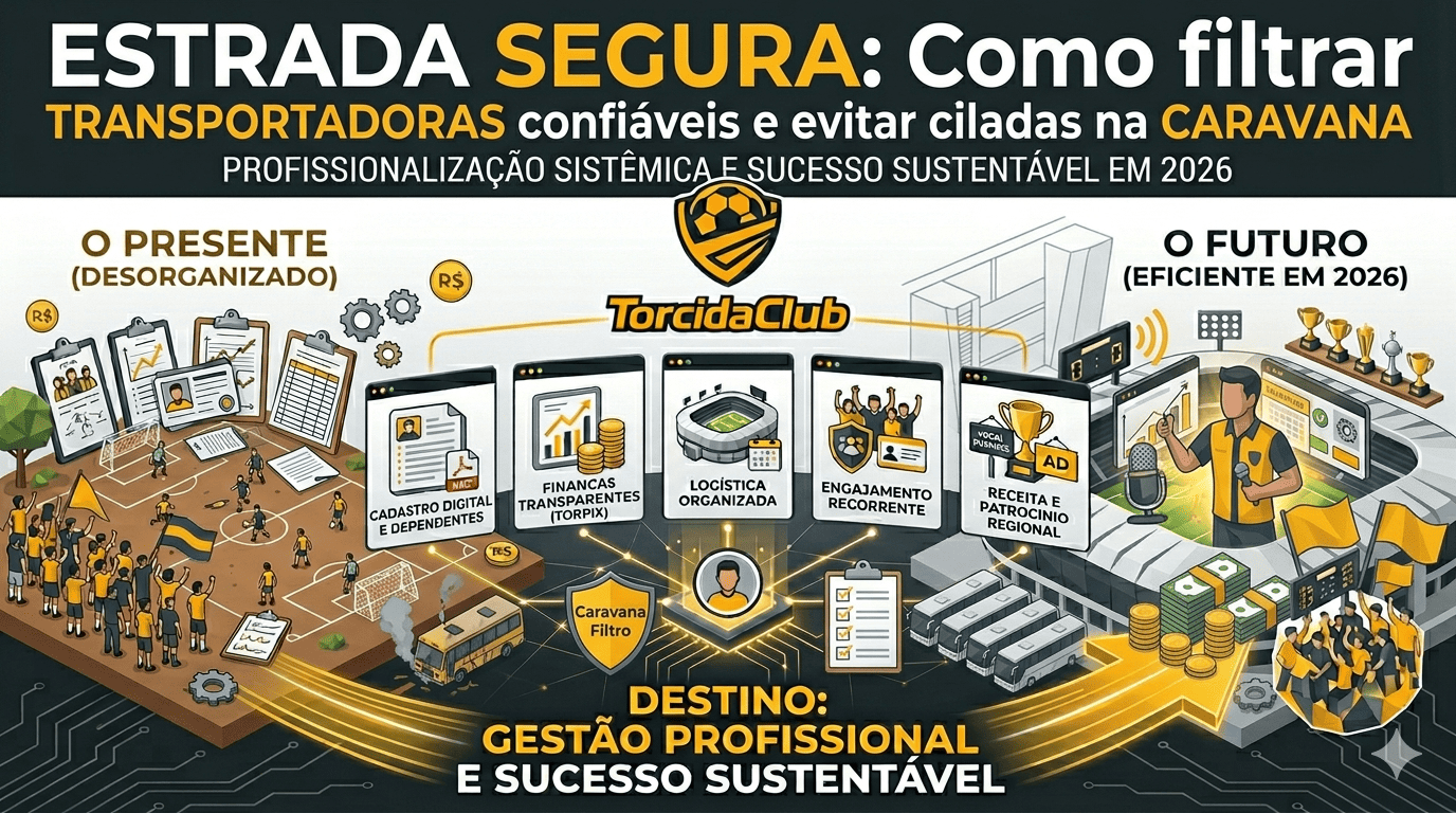 Infográfico moderno em estilo Low Poly nas cores preto, cinza e amarelo com a logomarca do TorcidaClub. O título principal é 'ESTRADA SEGURA: Como filtrar TRANSPORTADORAS confiáveis e evitar ciladas na CARAVANA'. A imagem visualiza o contraste entre um 'Presente Desorganizado' (ônibus quebrado, papelada, Gestor com dificuldade) e um 'Futuro Eficiente em 2026' (ônibus novos, estádio moderno, sucesso sustentável), destacando módulos unificados como Cadastro, Finanças, Logística (com ícone de filtro e lista), Engajamento e Receita com ícones de economia (R$).