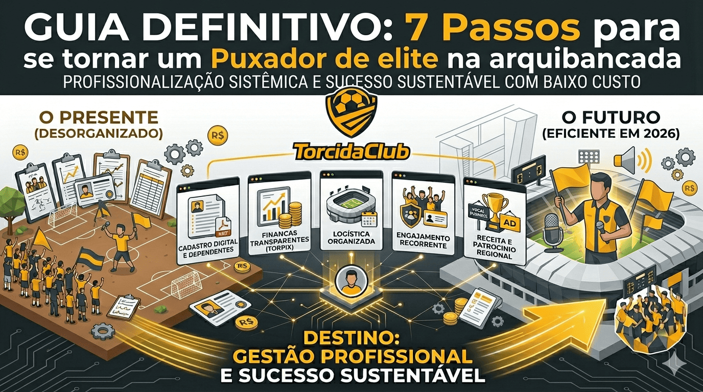 Infográfico no estilo Low Poly nas cores preto, cinza e amarelo com a logomarca do TorcidaClub. O título principal é 'GUIA DEFINITIVO: 7 Passos para se tornar um Puxador de elite na arquibancada'. A imagem mostra a transição de uma liderança desorganizada no campo de várzea para um Puxador profissional em um estádio moderno, utilizando microfone e sistema de som, conectado aos módulos de engajamento e logística da plataforma.