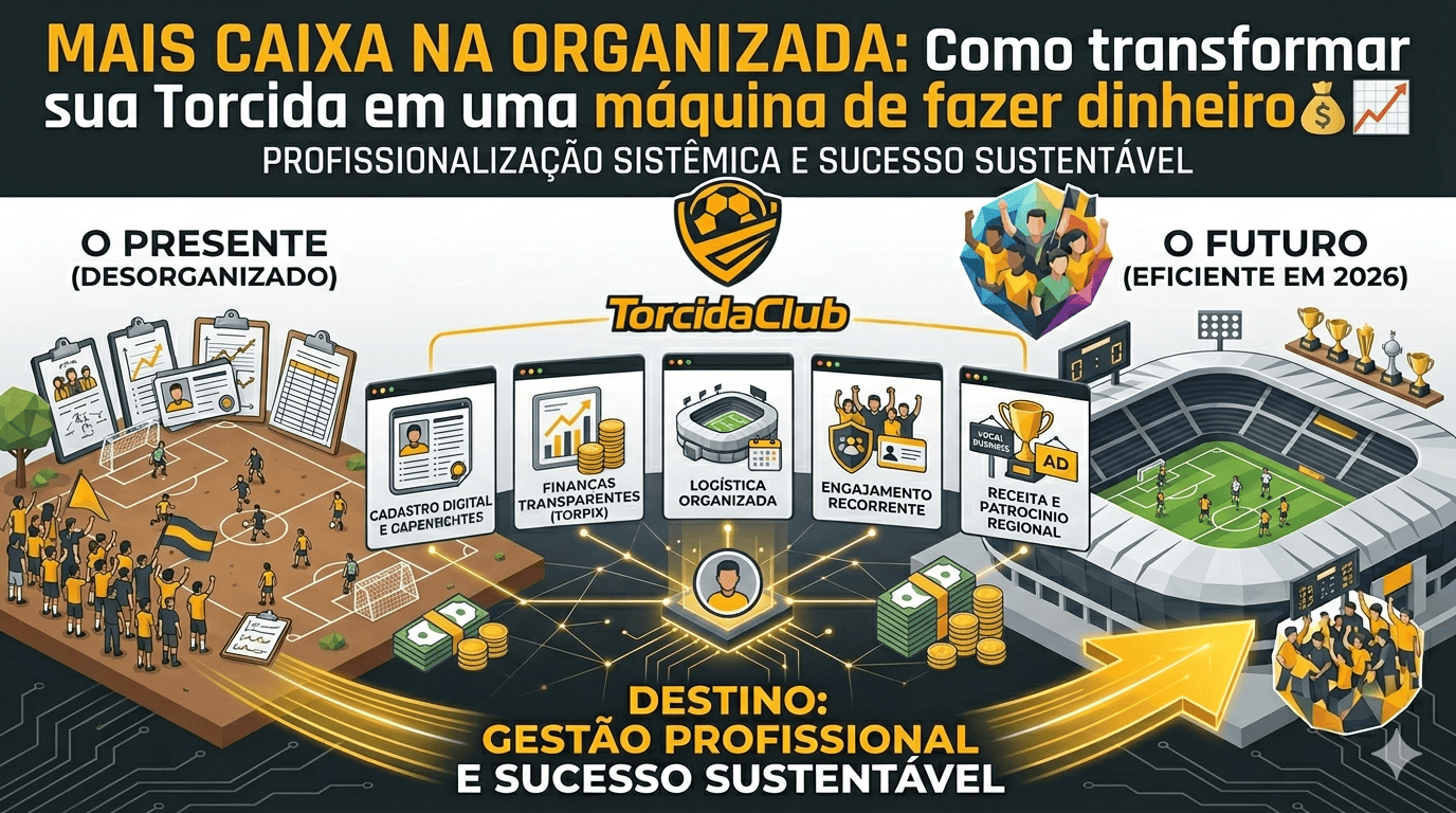 Infográfico no estilo Low Poly nas cores preto, cinza e amarelo com a logomarca do TorcidaClub. O título principal é 'MAIS CAIXA NA ORGANIZADA: Como transformar sua Torcida em uma máquina de fazer dinheiro💰📈'. A imagem visualiza a transformação de uma gestão amadora (campo de 'Várzea' com papelada) para uma eficiente (estádio moderno) através de módulos unificados como Cadastro Digital, Finanças, Logística, Engajamento e Receita.