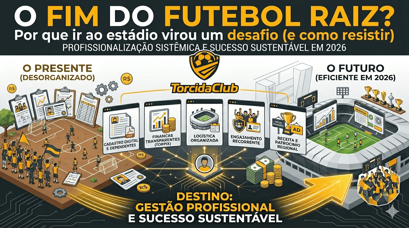 Infográfico moderno em estilo Low Poly nas cores preto, cinza e amarelo com a logomarca do TorcidaClub. O título principal é 'O FIM DO FUTEBOL RAIZ? Por que ir ao estádio virou um desafio (e como resistir)'. A imagem visualiza o contraste entre um 'Presente Desorganizado' (amador) e um 'Futuro Eficiente em 2026' (profissional), destacando módulos unificados como Cadastro, Finanças, Logística, Engajamento e Receita com ícones de economia (R$).
