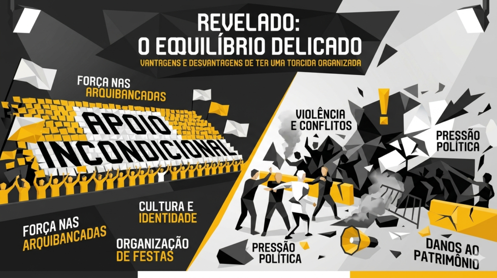Capa de blog em estilo Low Poly (preto, branco, amarelo) mostrando o equilíbrio delicado entre as vantagens de apoio incondicional e organização de festas versus as desvantagens de violência e conflitos das torcidas organizadas.